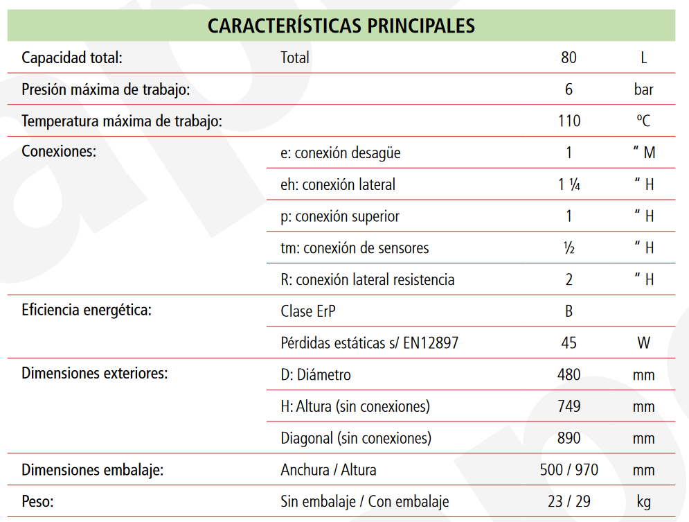 Especificaciones técnicas del Depósito de Inercia LAPESA GEISER INERCIA GX4-80IF