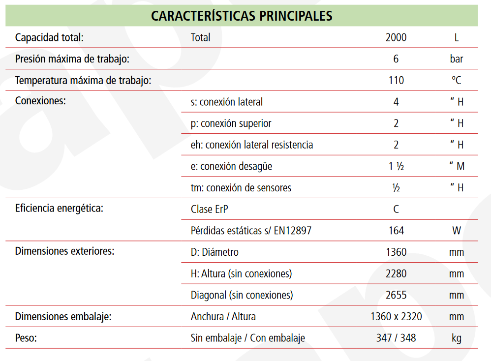 Especificaciones técnicas del Depósito de Inercia LAPESA MASTER INERCIA MV2000I