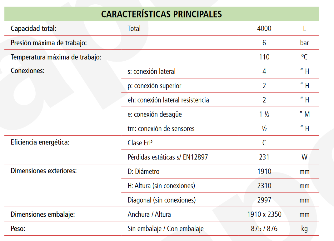 Especificaciones técnicas del Depósito de Inercia LAPESA MASTER INERCIA MV4000I