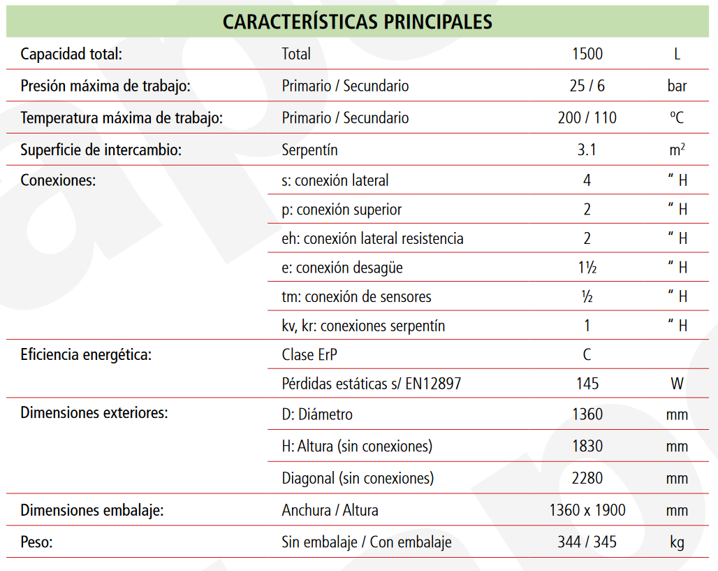 Especificaciones técnicas del Depósito de Inercia con Serpentín LAPESA MASTER INERCIA MV1500IS