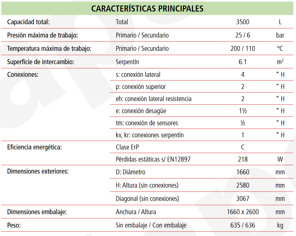 Especificaciones técnicas del Depósito de Inercia con Serpentín LAPESA MASTER INERCIA MV3500IS