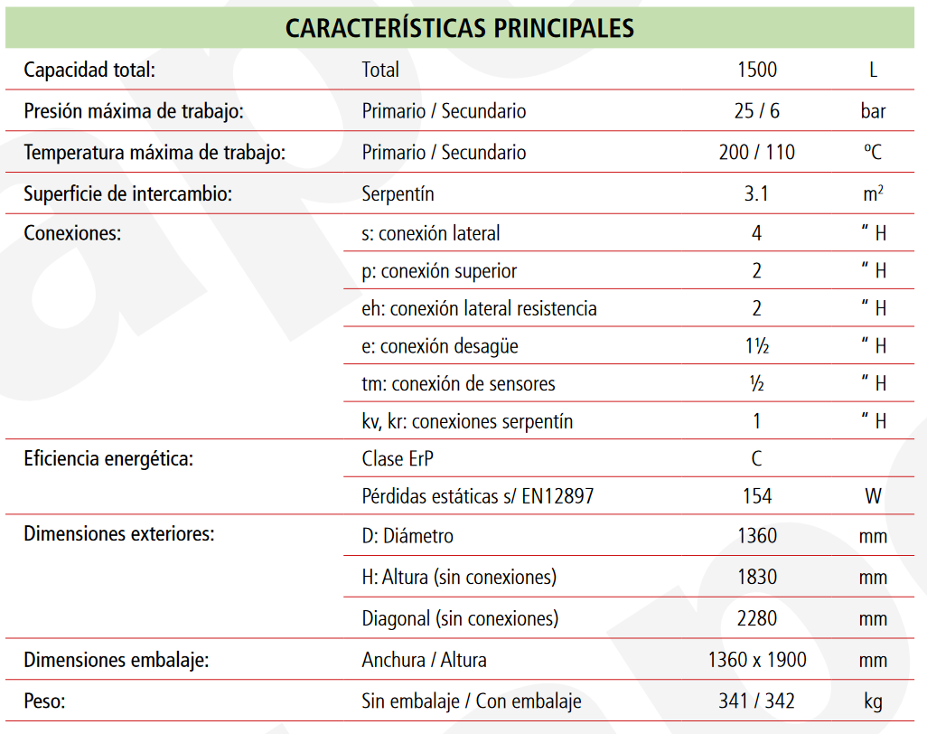 Especificaciones técnicas del Depósito de Inercia con Serpentín LAPESA MASTER INERCIA MV1500ISB