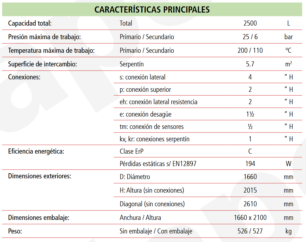 Especificaciones técnicas del Depósito de Inercia con Serpentín LAPESA MASTER INERCIA MV2500ISB