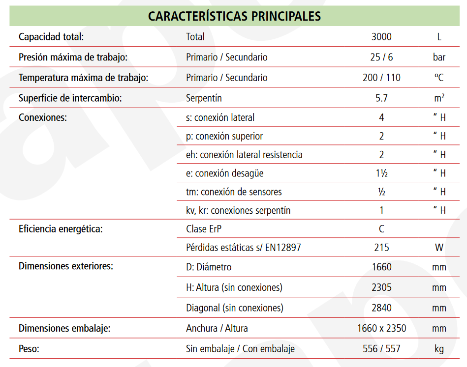 Especificaciones técnicas del Depósito de Inercia con Serpentín LAPESA MASTER INERCIA MV3000ISB