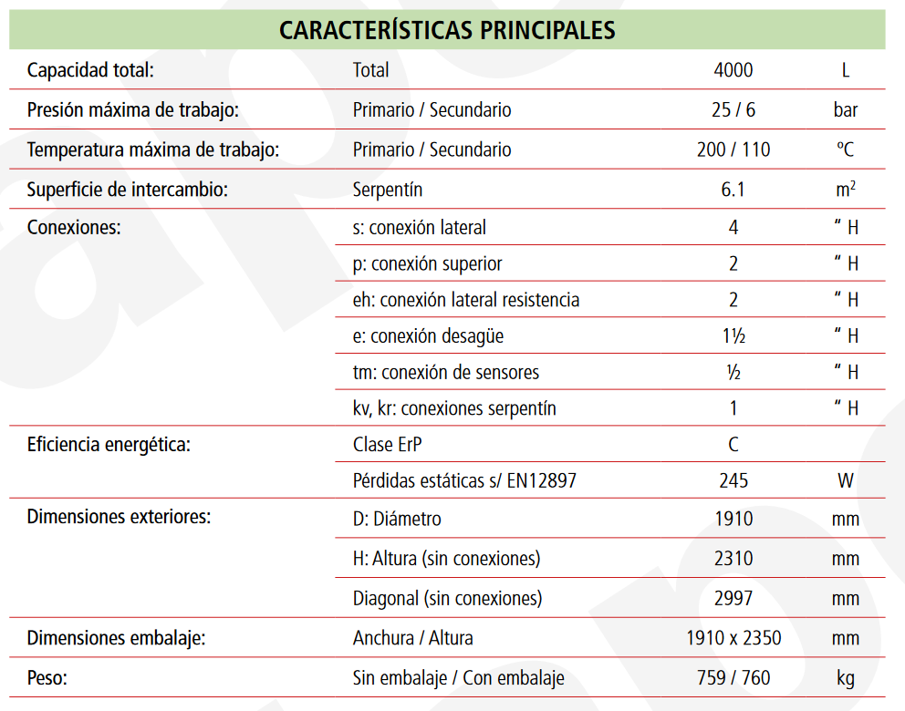 Especificaciones técnicas del Depósito de Inercia con Serpentín LAPESA MASTER INERCIA MV4000ISB