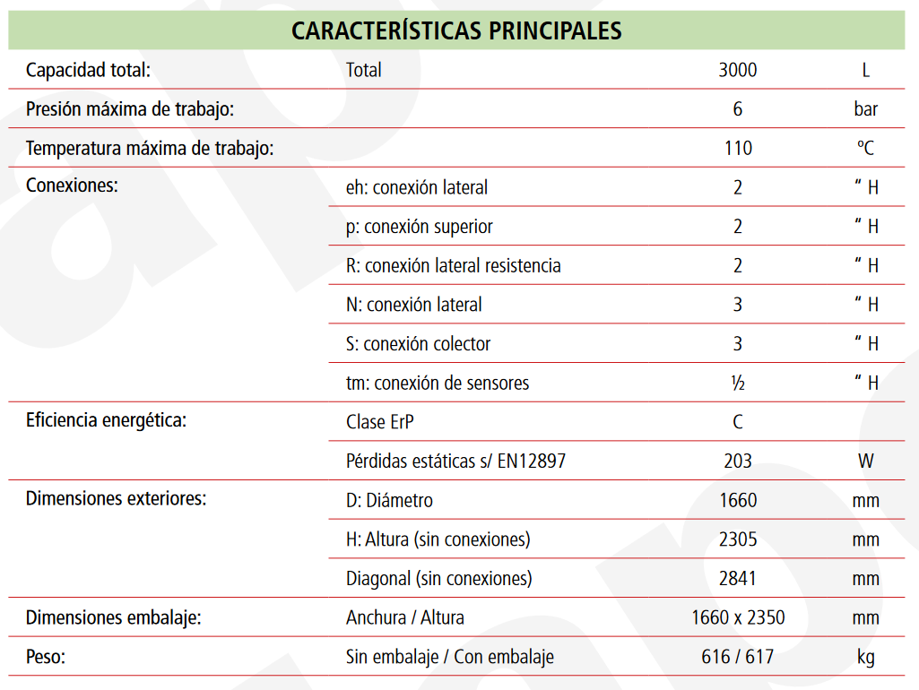 Especificaciones técnicas del Depósito de Inercia con Estratificación MASTER INERCIA MV3000L