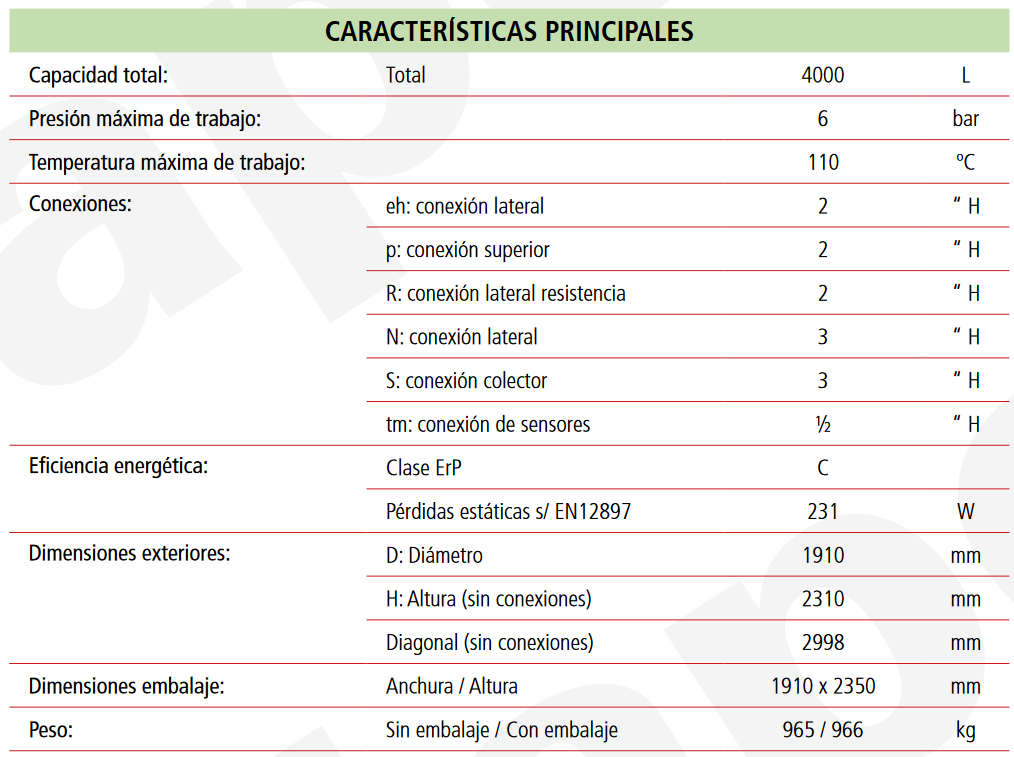 Especificaciones técnicas del Depósito de Inercia con Estratificación MASTER INERCIA MV4000L