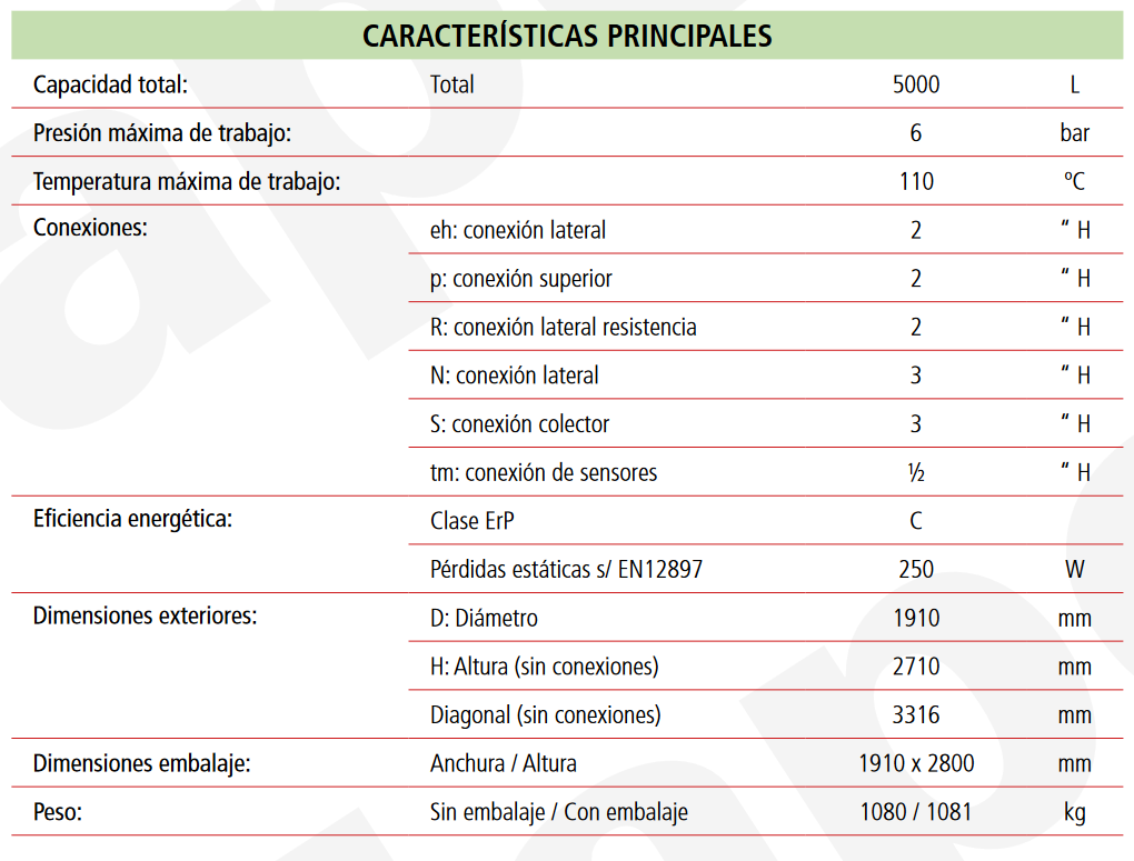 Especificaciones técnicas del Depósito de Inercia con Estratificación MASTER INERCIA MV5000L