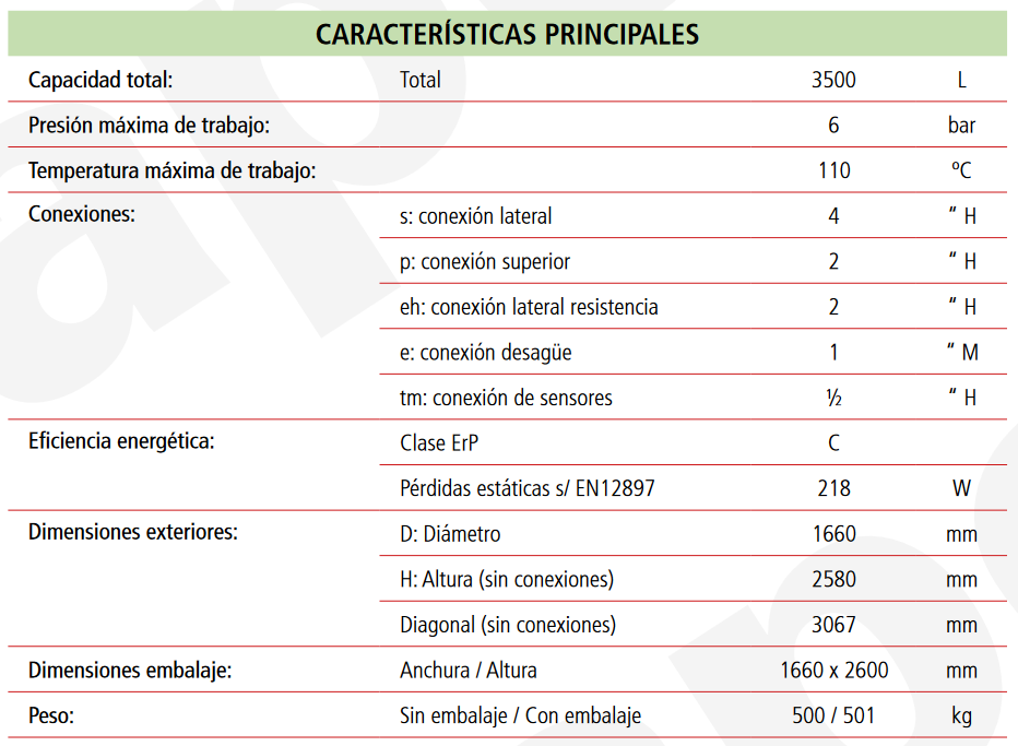 Especificaciones técnicas del Depósito de Inercia LAPESA MASTER INERCIA MXV4-4000I