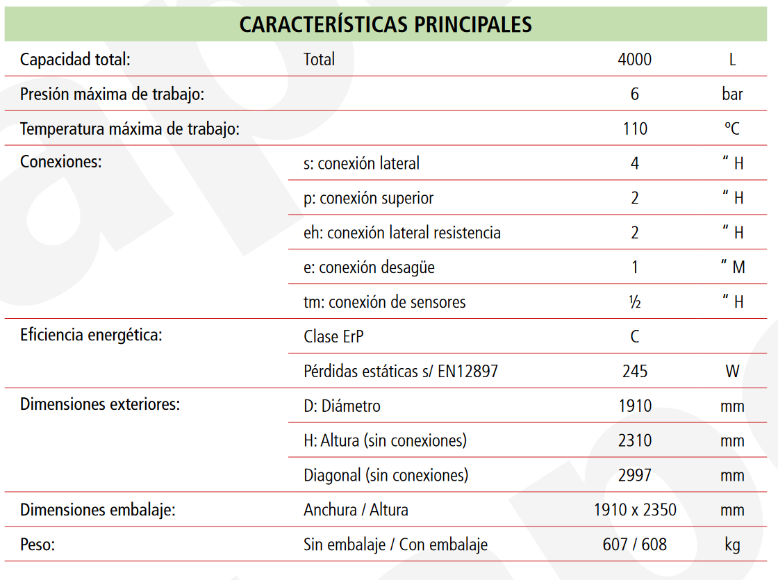 Especificaciones técnicas del Depósito de Inercia LAPESA MASTER INERCIA MXV4-4000IB