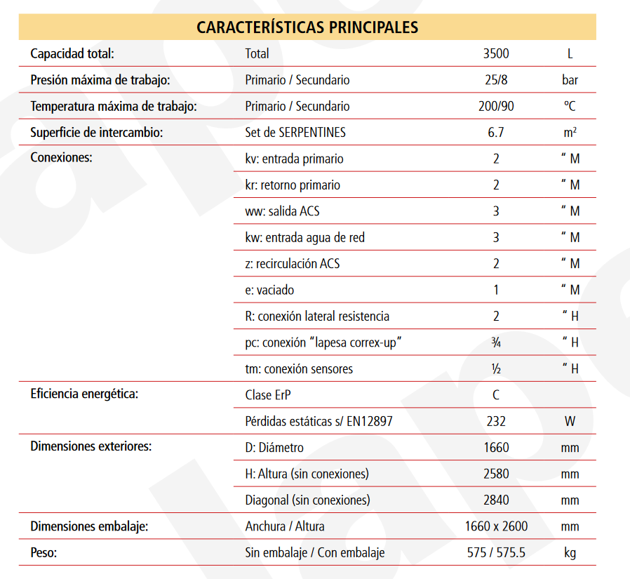 Especificaciones técnicas del Acumulador con Serpentín Desmontable ACS LAPESA MASTER INOX MXV3500SB