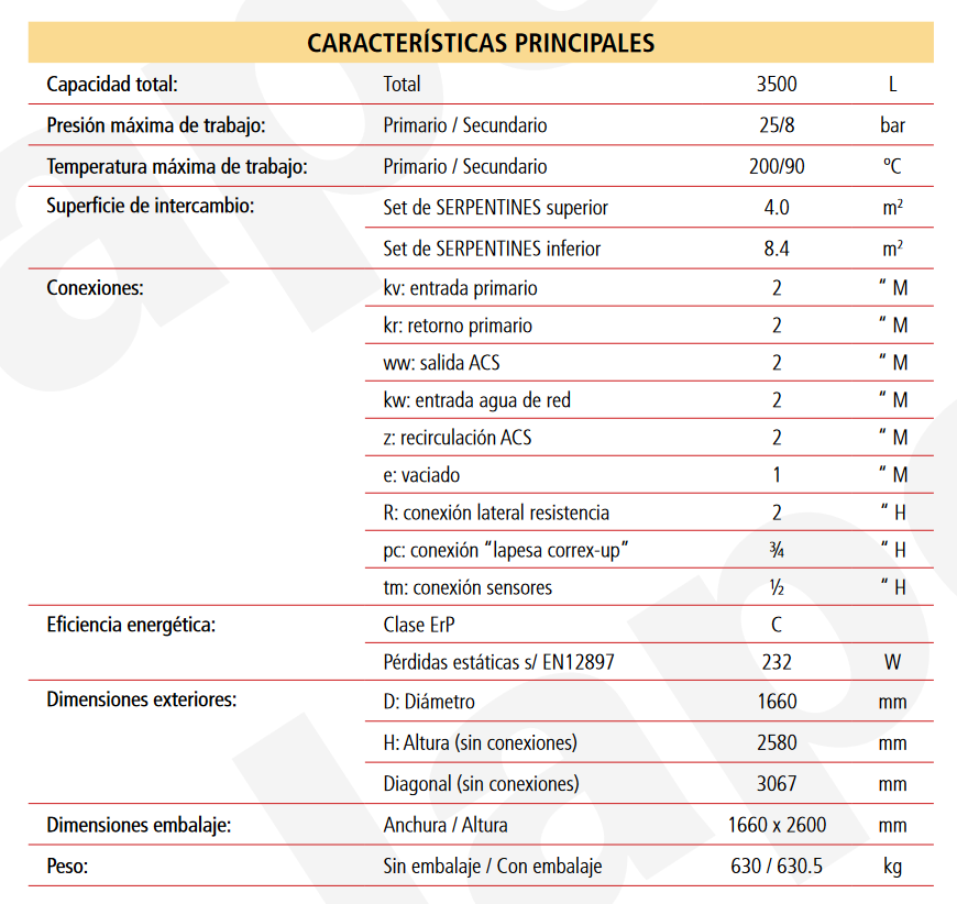 Especificaciones técnicas del Acumulador con Serpentín Sobredimensionado ACS LAPESA MASTER INOX MXV3500SS2B