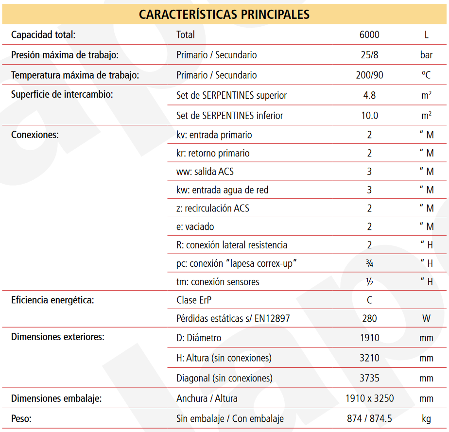 Especificaciones técnicas del Acumulador con Serpentín Sobredimensionado ACS LAPESA MASTER INOX MXV6000SS2B