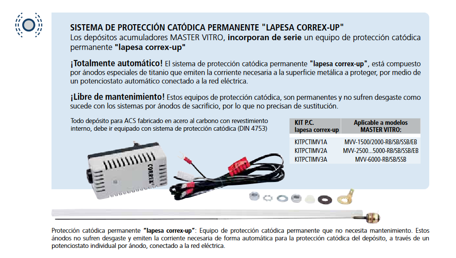 Protección catódica permanente “Lapesa Correx-Up”: Prolonga la vida útil del depósito mediante la prevención de la corrosión.