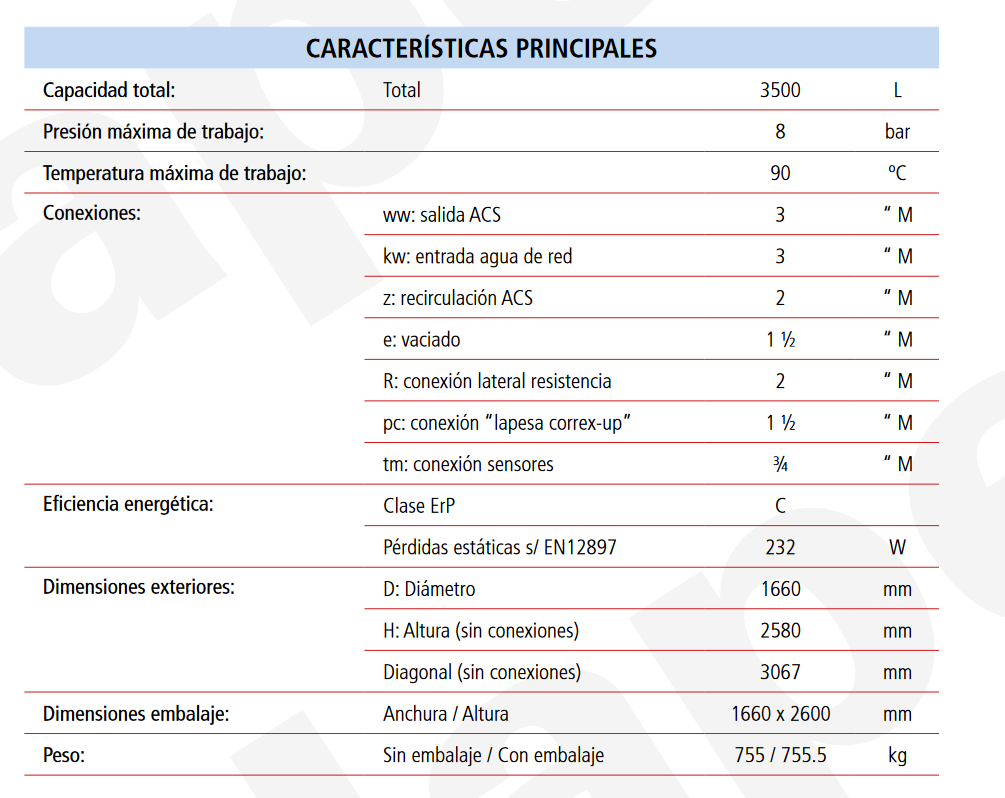 Especificaciones técnicas del Acumulador ACS LAPESA MASTER VITRO MVV3500RB