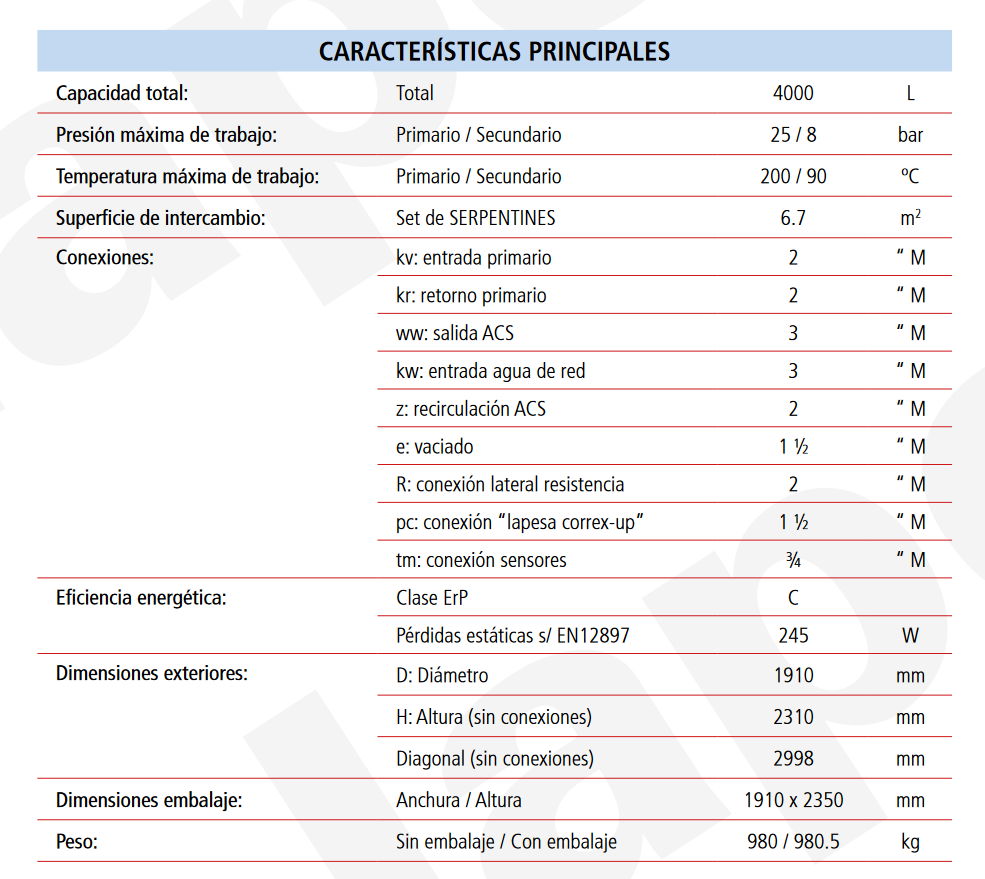 Especificaciones técnicas del Acumulador con Serpentín Desmontable ACS LAPESA MASTER VITRO MVV4000SB