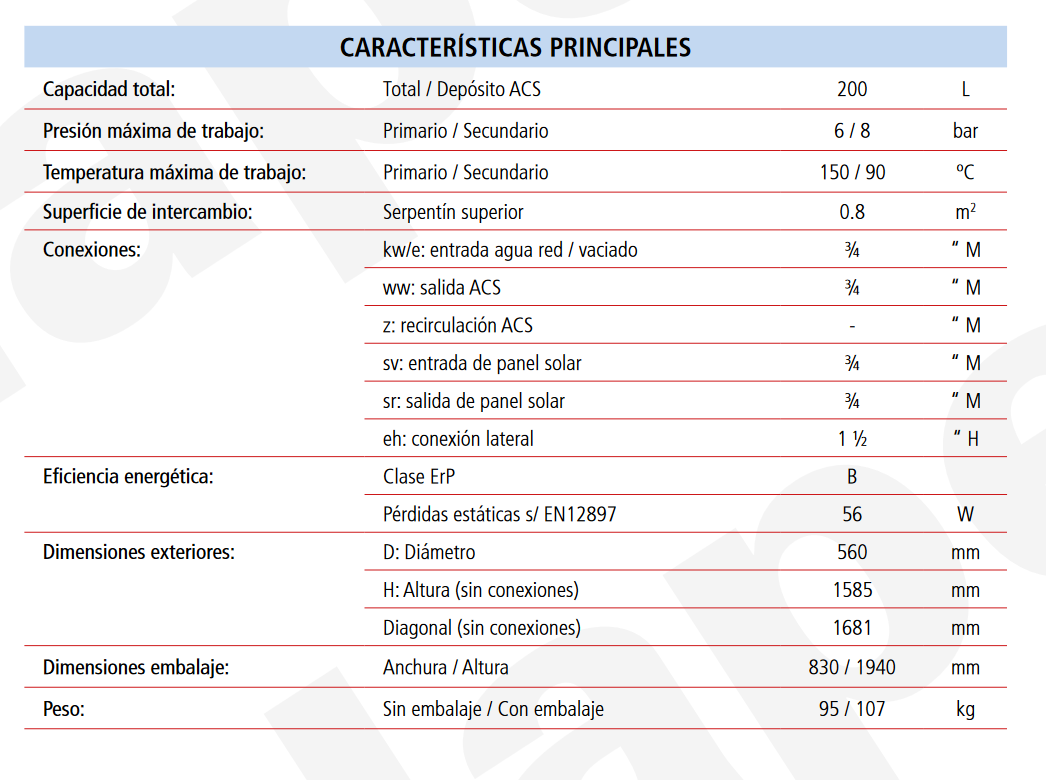 Especificaciones técnicas del Acumulador con Serpentín Solar ACS LAPESA CORAL SOLVITRO CV200GS