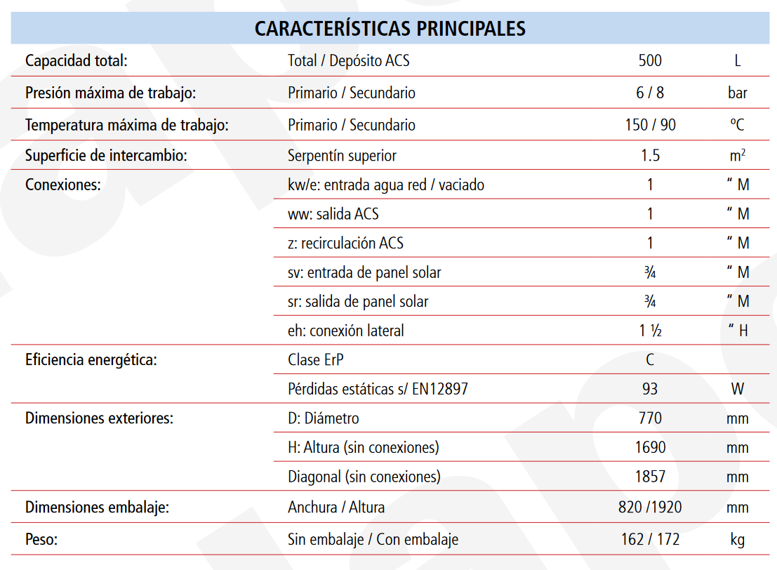 Especificaciones técnicas del Acumulador con Serpentín Solar ACS LAPESA CORAL SOLVITRO CV500GS