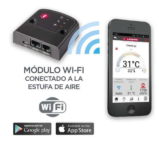 Además, si lo deseas, puedes gestionar tu estufa de forma remota desde tu smartphone o tablet, encenderla, apagarla, desbloquear alarmas, modificar la programación e incluso recibir asistencia a distancia, gracias a la conexión Wi-Fi opcional y la App LASIAN Wi-Fi Control, que facilita el control total de manera sencilla y cómoda.