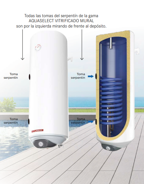 Con una presión nominal de 7 bar, todas las tomas del serpentín se encuentran en la parte izquierda del depósito (mirando de frente), facilitando la instalación y compatibilidad con otros sistemas. Además, todos los modelos incluyen resistencia eléctrica de apoyo de serie, asegurando que siempre disponga de agua caliente.
