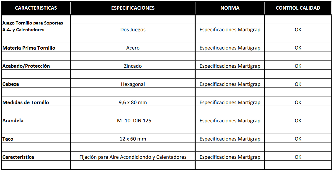 Certificado de calidad y especificaciones técnicas