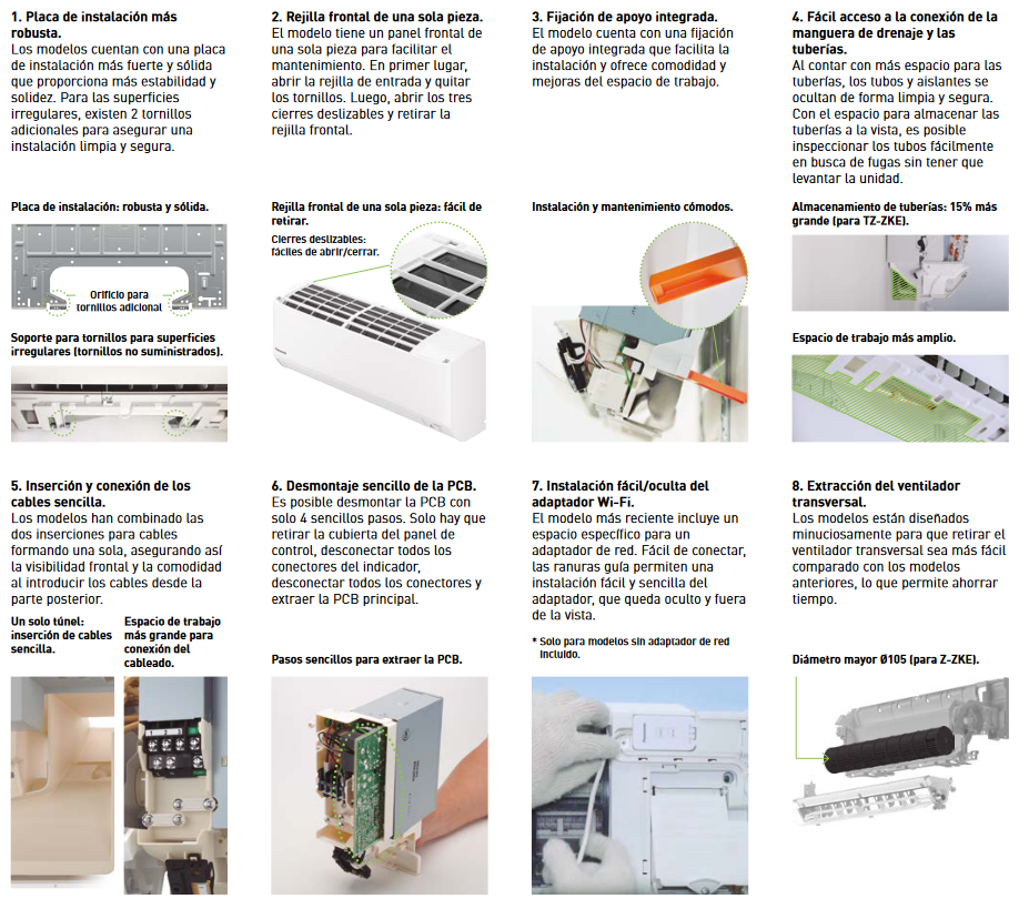 Gracias a las mejoras avanzadas, se ha reducido notablemente el tiempo de instalación. Los modelos de aire acondicionado incluyen una placa de instalación reforzada que ofrece mayor estabilidad y resistencia para una instalación precisa y bien acabada.