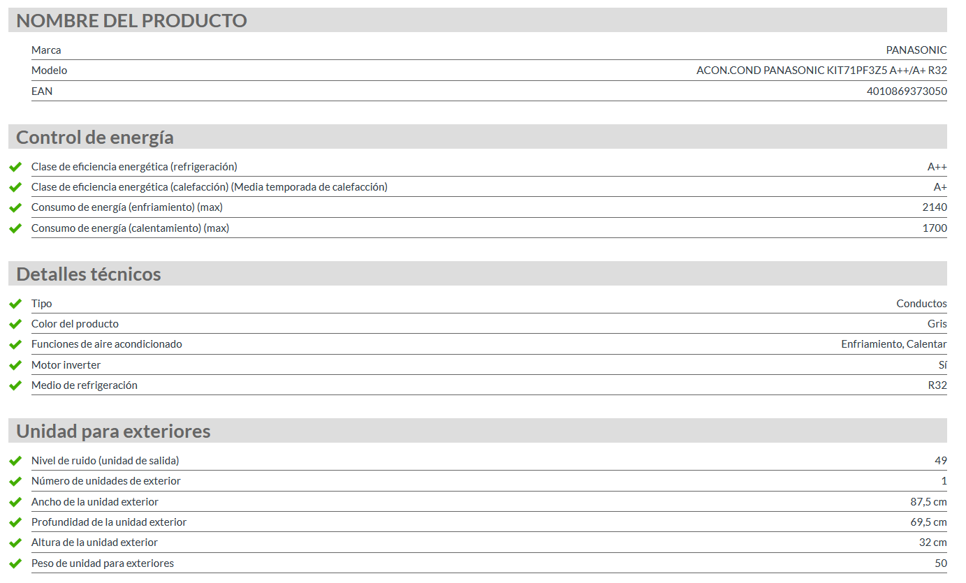 Especificaciones técnicas del Aire Acondicionado Conducto PANASONIC Standard Inverter KIT-71PF3Z5