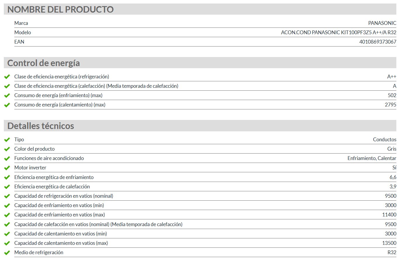 Especificaciones técnicas del Aire Acondicionado Conducto PANASONIC Standard Inverter KIT-100PF3Z5