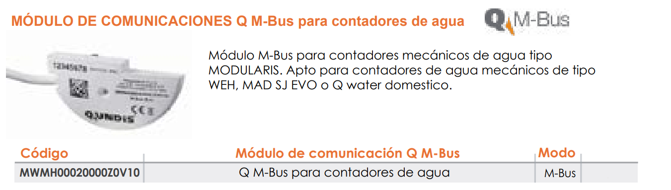 Especificaciones técnicas del Módulo de Comunicaciones QUNDIS Q MODULE M-BUS WATER