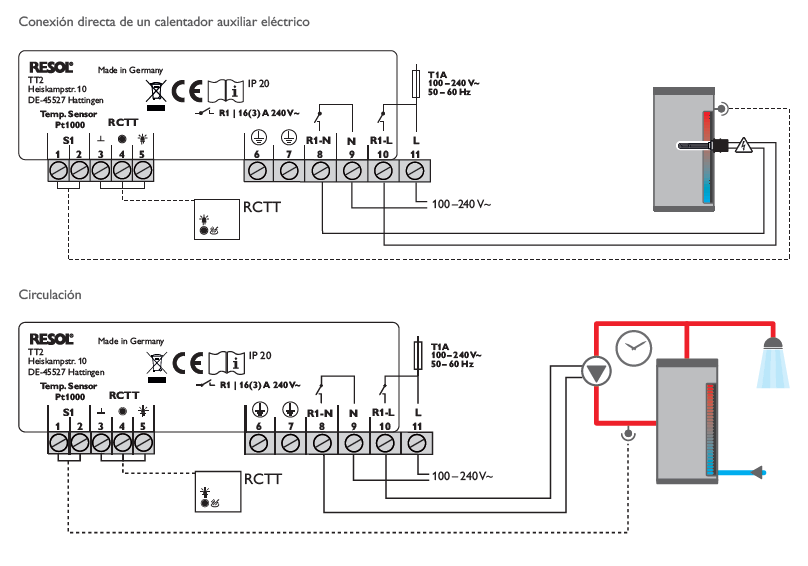 plano instalacion electrico e hidraulico para un termostato resol tt1