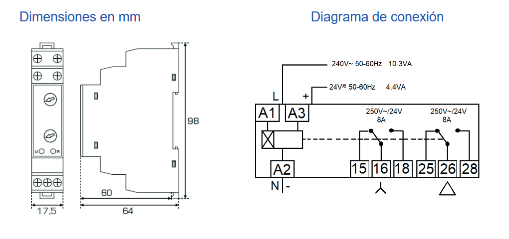 Dimensiones y esquema de conexión