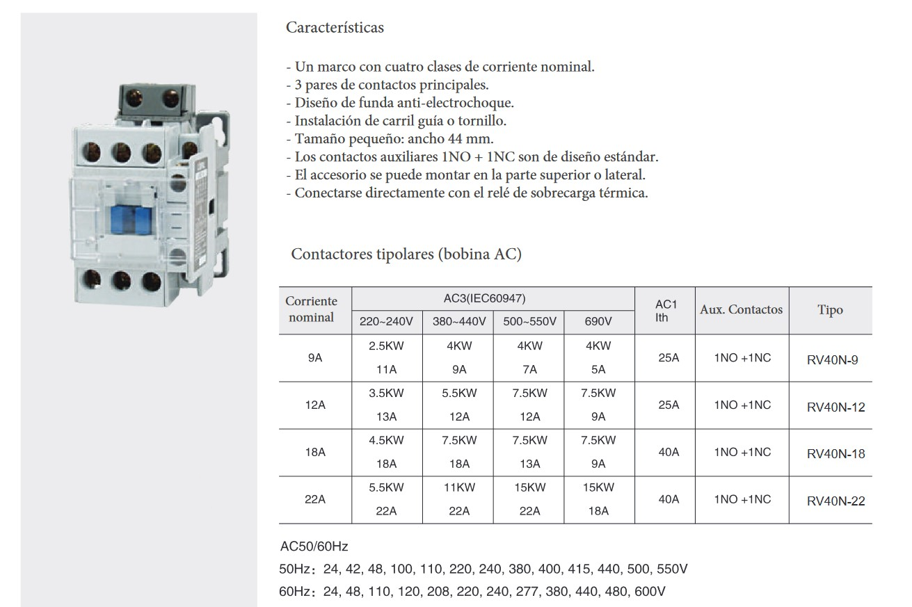 Especificaciones y técnicas del Contactor 3P 3NO 22A REVALCO RV40 415VAC