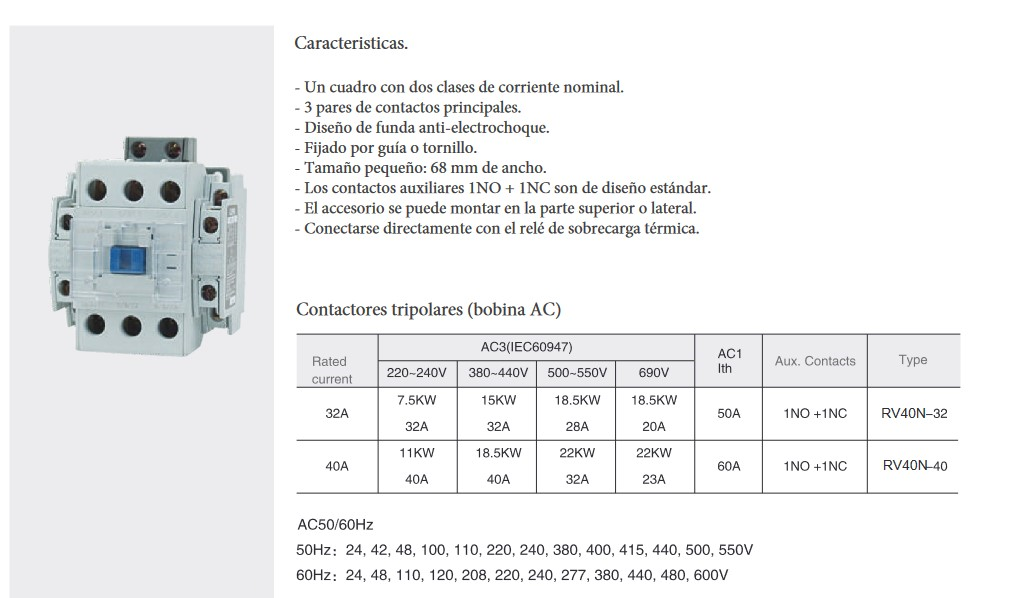 Especificaciones y técnicas del Contactor 3P 3NO 40A REVALCO RV40 24VAC