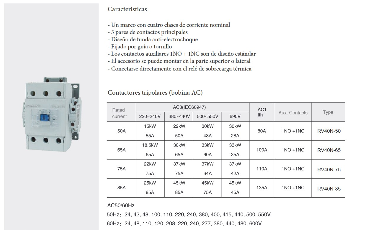 Especificaciones y técnicas del Contactor 3P 3NO 85A REVALCO RV40 48VAC