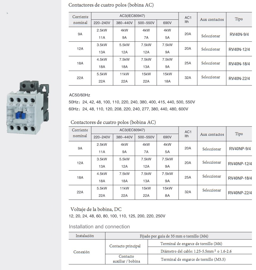 Especificaciones técnicas del Contactor 4P 4NO 12A REVALCO RV40 415VAC