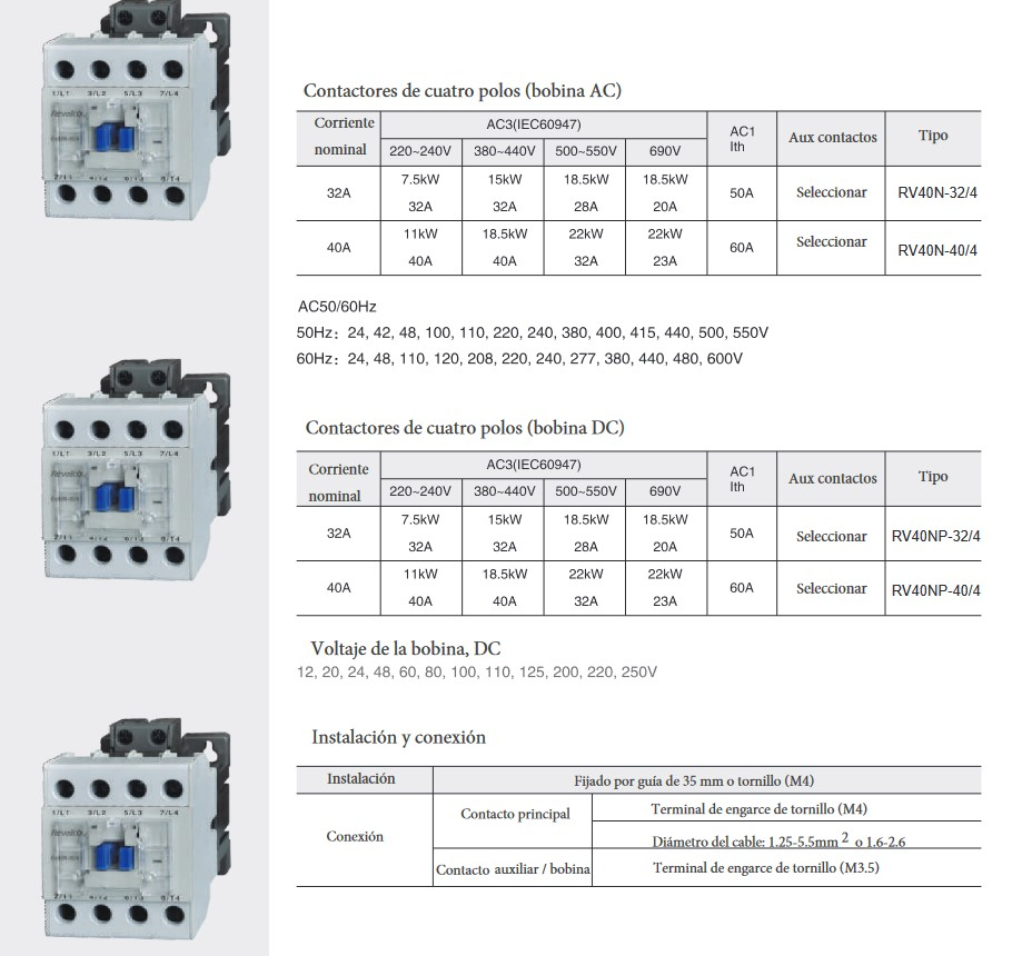 Especificaciones técnicas del Contactor 4P 4NO 40A REVALCO RV40 230VAC