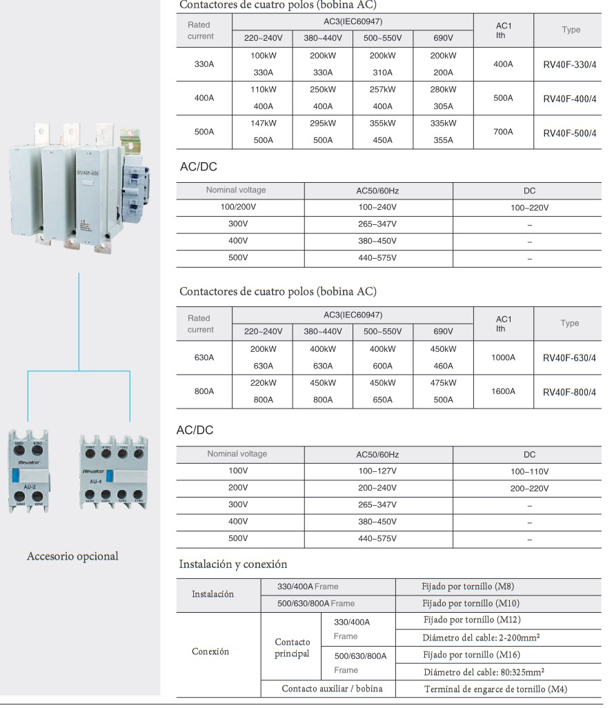 Especificaciones técnicas del Contactor 4P 4NO 500A REVALCO RV40 230VAC