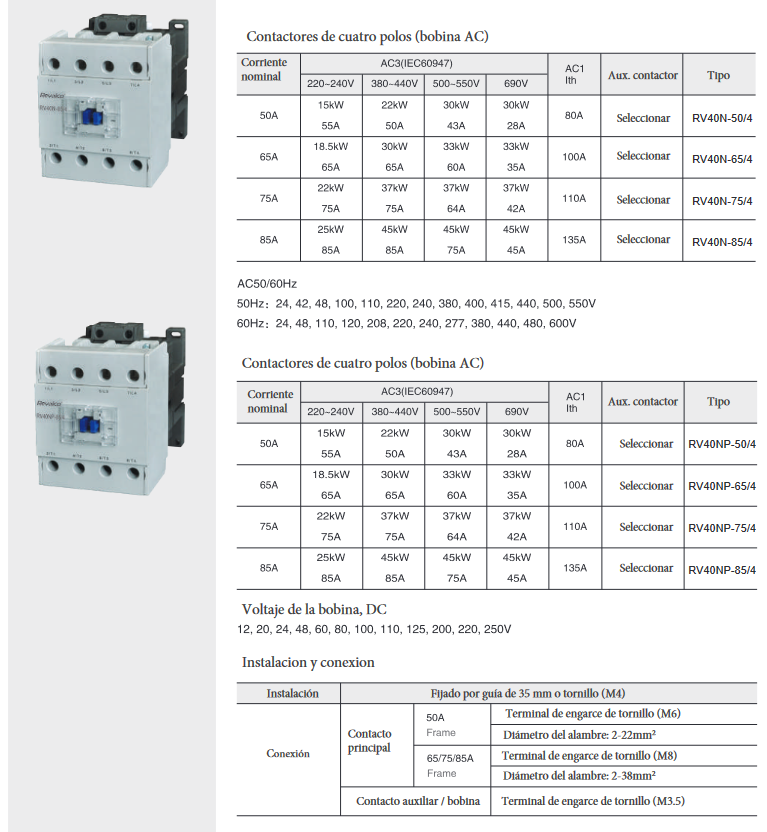Especificaciones técnicas del Contactor 2NO+2NC 65A REVALCO RV40 110VAC