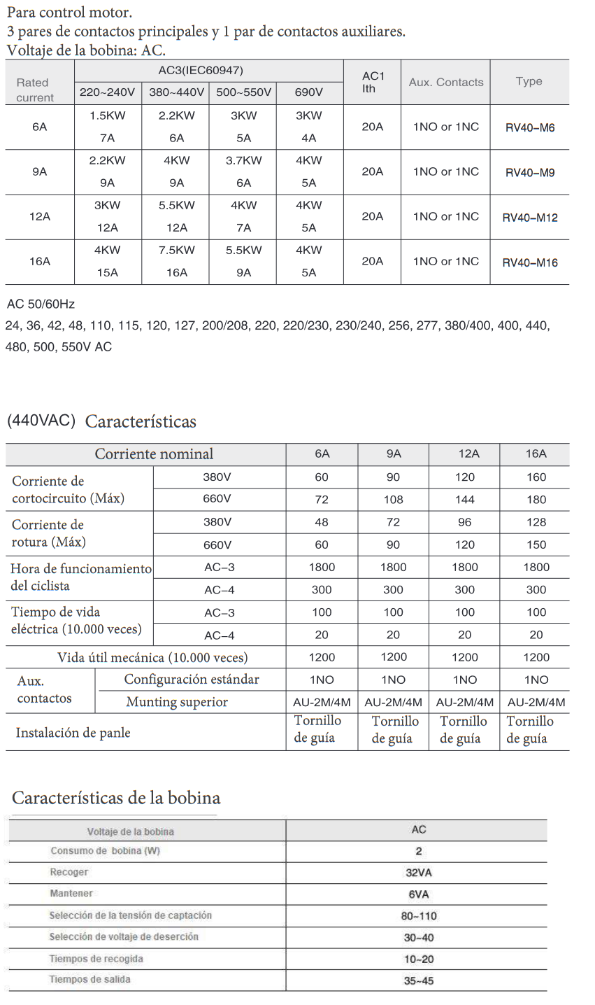 Ficha técnica del MiniContactor 3P 3NO 12A REVALCO RV40 48VAC