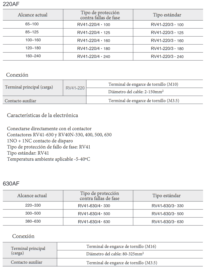 Especificaciones técnicas del Relé Térmico Motor 300-500A REVALCO RV41A630500P