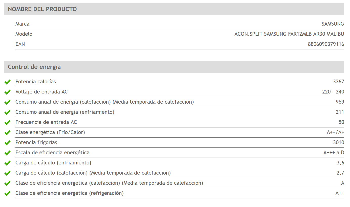 Especificaciones técnicas del Aire Acondicionado SAMSUNG F-AR12MLB MALIBU