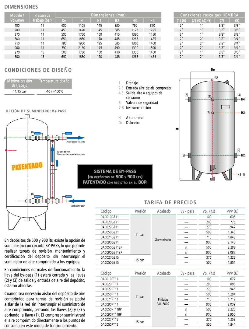 Especificaciones técnicas del Depósito para Aire Comprimido SUICALSA DAC 500 Litros con sistema BY-PASS