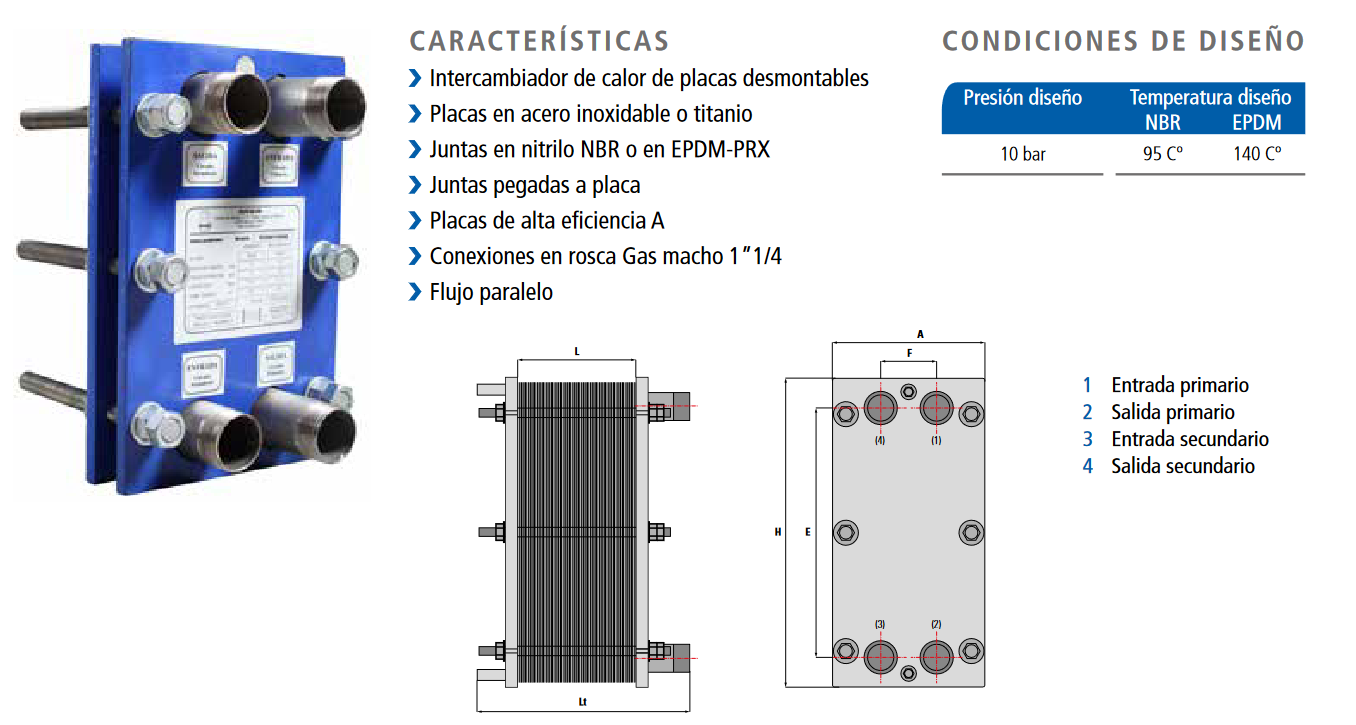 Especificaciones técnicas del Intercambiador de Placas Desmontables en Titanio Juntas en EPDM-PRX SUICALSA IP2200