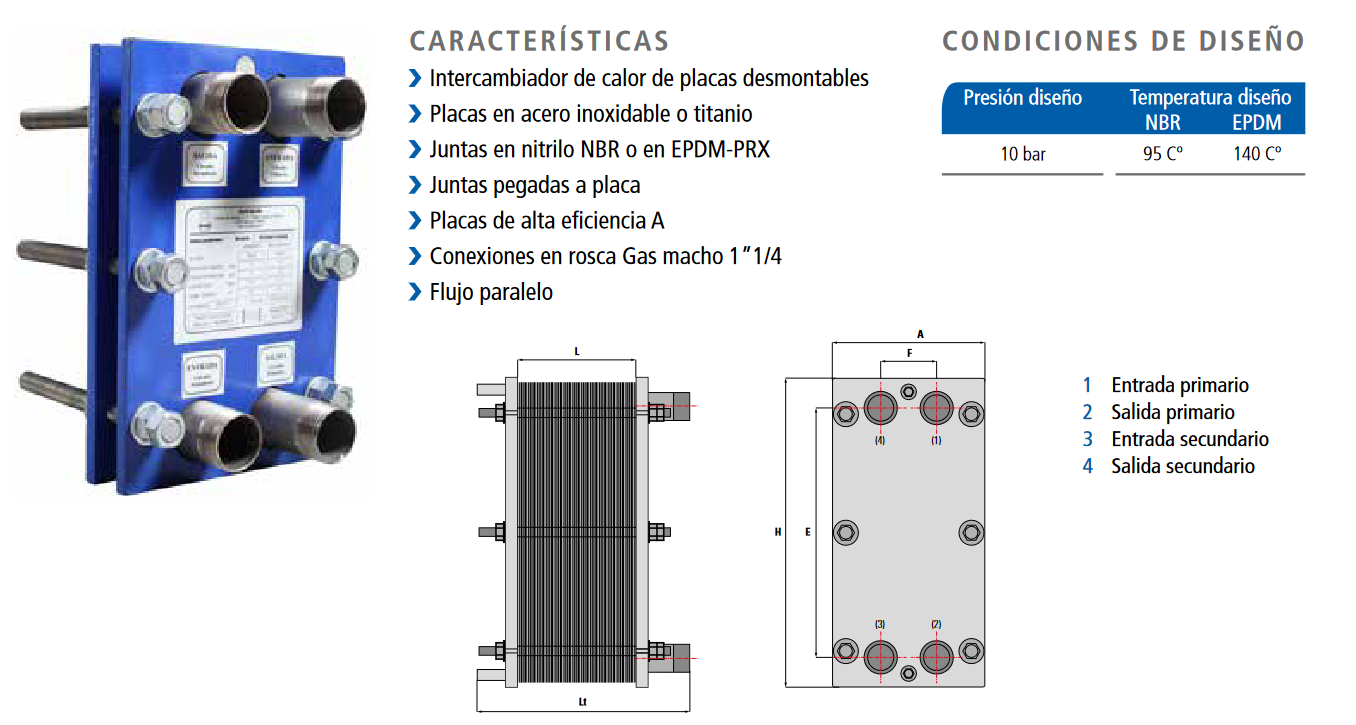 Especificaciones técnicas del Intercambiador de Placas Desmontables en Titanio Juntas en Nitrilo NBR SUICALSA IP2200