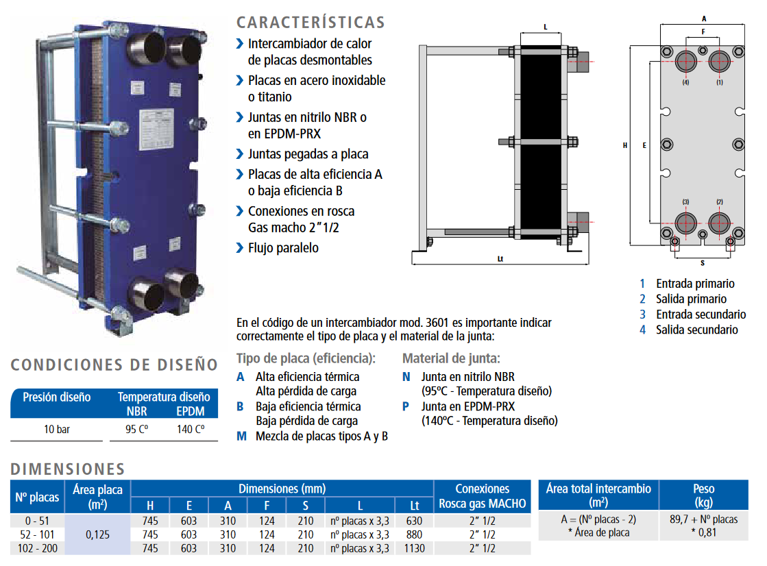 Especificaciones técnicas del Intercambiador de Placas Desmontables en Acero inox Juntas en EPDM-PRX SUICALSA IP3601