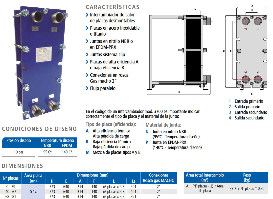 Especificaciones técnicas del Intercambiador de Placas Desmontables en Acero inox Juntas en Nitrilo NBR SUICALSA IP3700