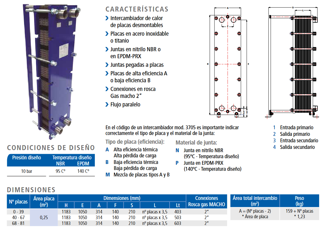 Especificaciones técnicas del Intercambiador de Placas Desmontables en Acero inox Juntas en EPDM-PRX SUICALSA IP3705