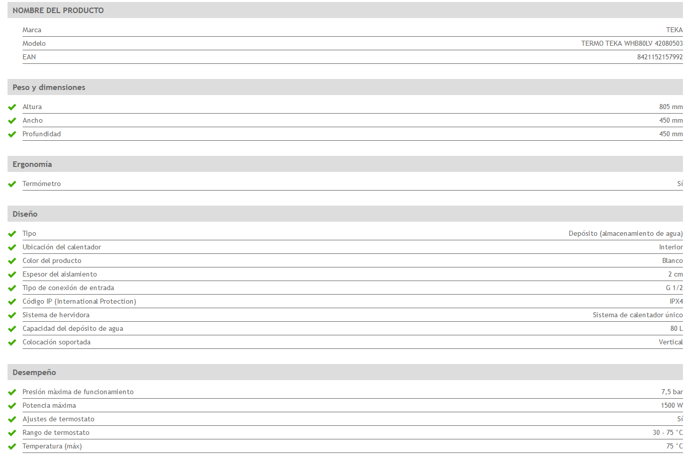 Especificaciones técnicas del Termo TEKA WHB80LV 80 Litros