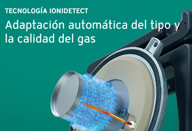Tecnología IoniDetect  La caldera ajusta automáticamente la combustión según el tipo y calidad del gas que llega a tu hogar. Esto no solo mejora la eficiencia, sino que también prolonga la vida útil del equipo y aumenta la seguridad.