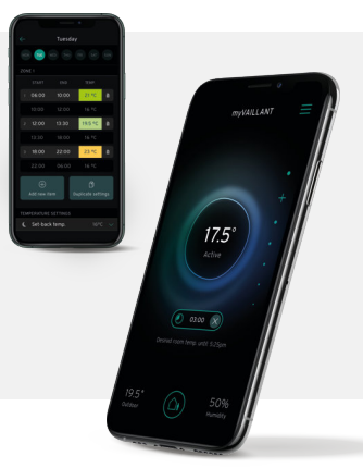 myVAILLANT App Con myVAILLANT App el usuario podrá: Recibir actualizaciones en su sistema directamente para asegurar que su sistema está siempre en la vanguardia Modificar el horario o programación de la caldera Cambiar ajustes de ACS y calefacción Ajustar la temperatura deseada en zonas individuales Controlar el consumo: visualizar comparativas de consumo, recibir notificaciones y consejos para lograr el máximo ahorro.